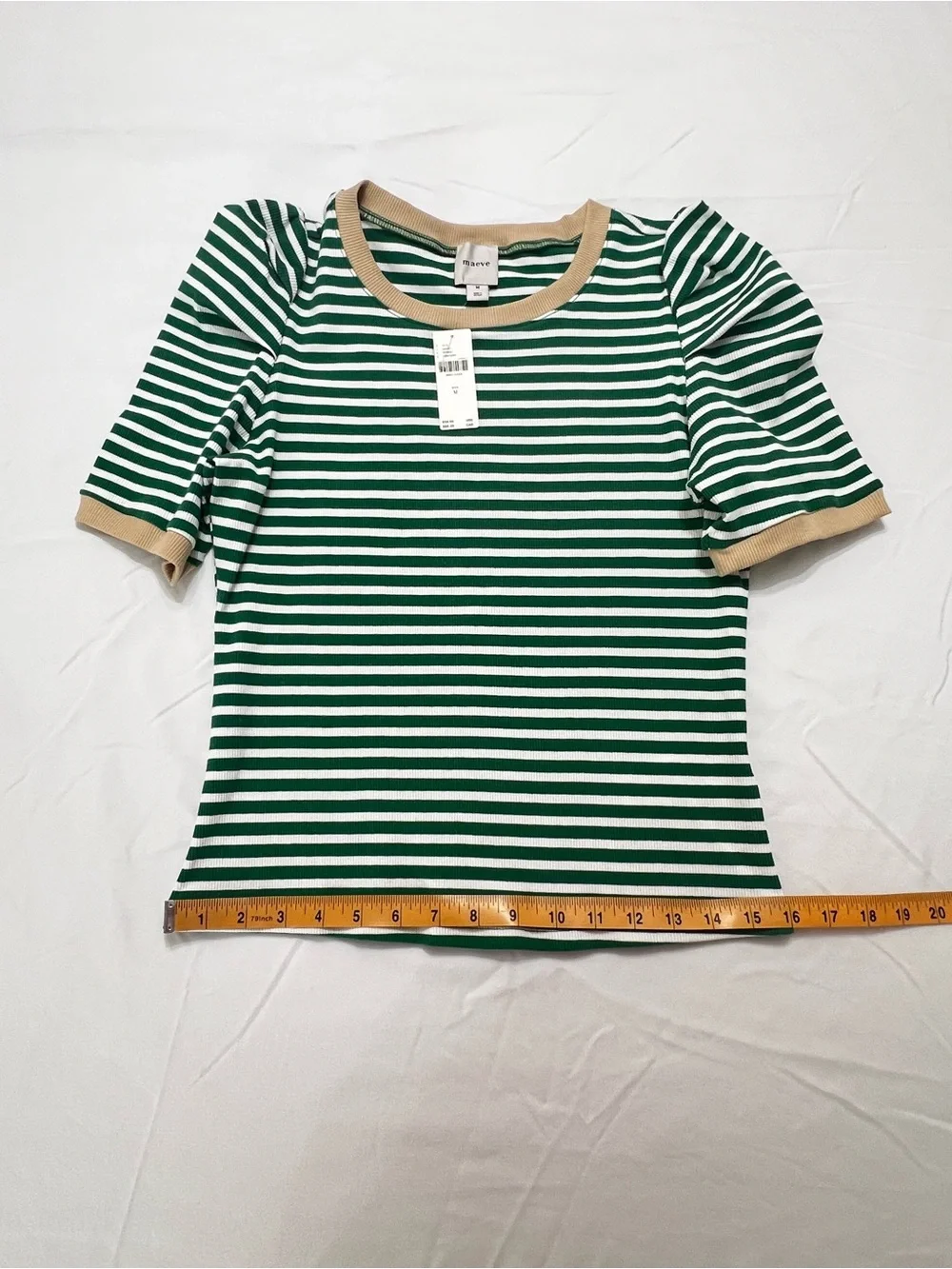 NWT Maeve Anthropologie Green Stripe Puff Sleeve Rib Knit Top M - Picture 7 of 12